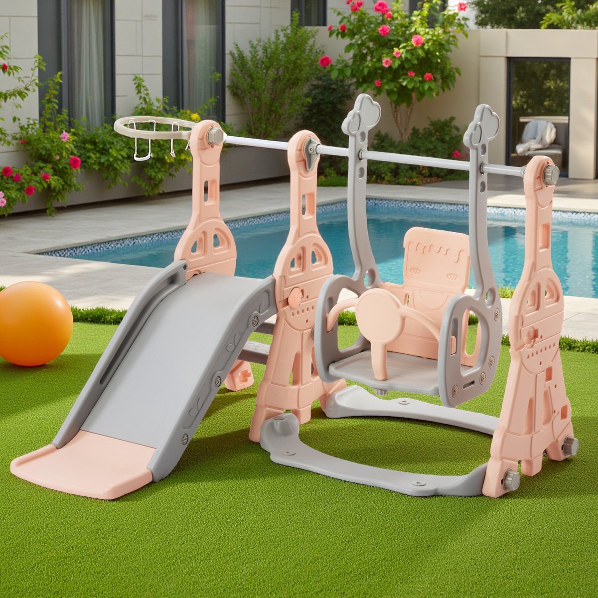 Kinder Glijbaan Combinatie - Speeltoestel Tuin - Buiten Spelen - 4-in-1 Fun - 140 x 118 x 102 cm - roze