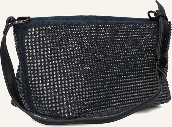 Donkerblauwe tas met zilveren steentjes en zwarte schouderriem, details van leer.