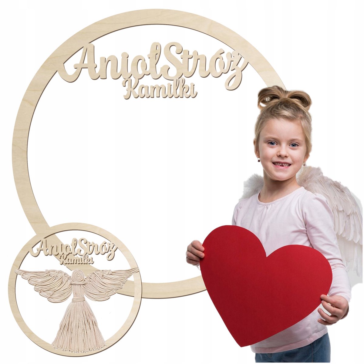 SMX Design - Houten Macramé Ring Anioł Stróż - 20cm - Gepersonaliseerd - Natuurlijk Hout
