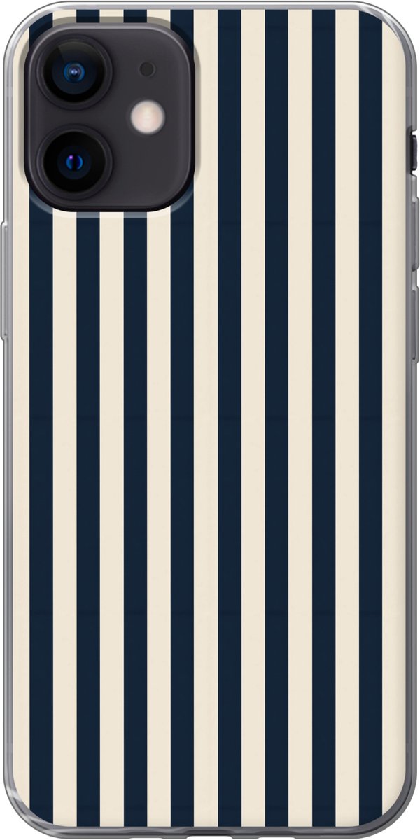 Telefoonhoesje Geschikt voor iPhone 12 Pro hoesje - Verticale strepen - Blauw - Crème - Siliconen Telefoonhoesje Telefoonhoesje