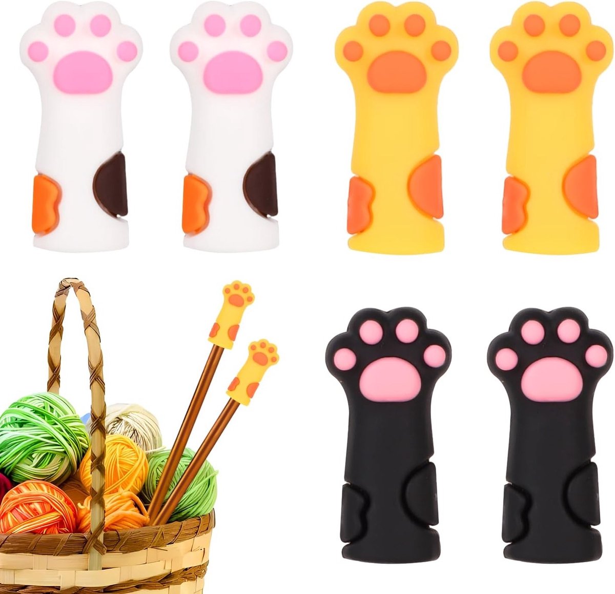 Set van 6 Kattenpoot Breinaald Stopper - Silicone Naaldpunt Beschermers, Breiaccessoires voor Naalden Maat 11-17 (8mm-12.75mm)