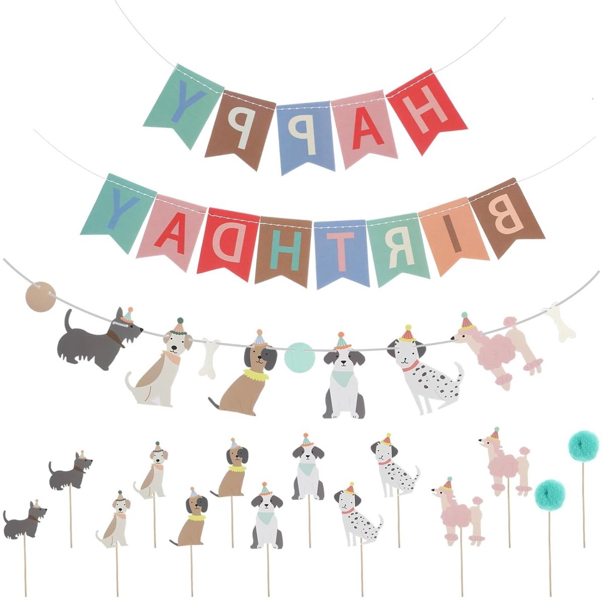 Hondenfeest verjaardag banner set, kleurrijke decoratie voor hondenfeestjes, feestaccessoires voor kinderen en honden, vrolijke achtergrond voor verjaardagen