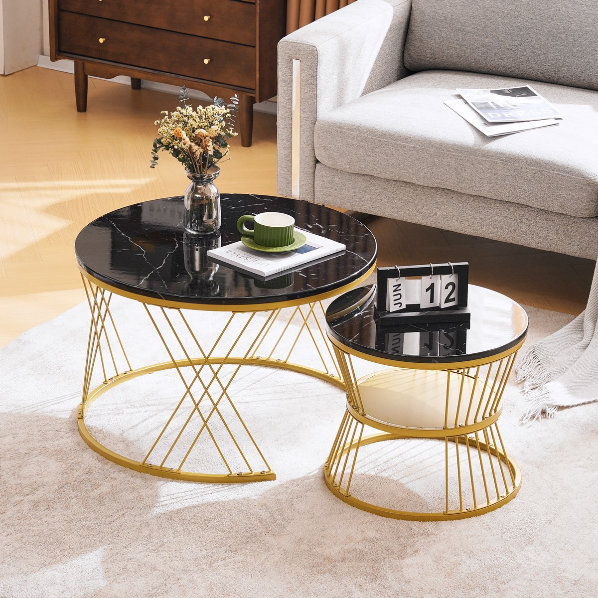 MIVRAY Salontafelset - Nestbare Ronde Tafels Met Hoogglans Marmerlook - Voor Woonkamer En Balkon - MDF En Metaal - Zwart
