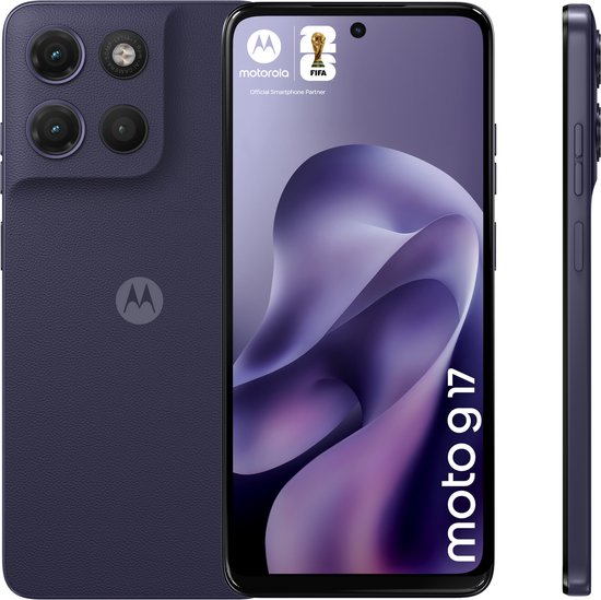 Motorola moto g17 in donkerblauw: achterkant, voorkant en zijkant.