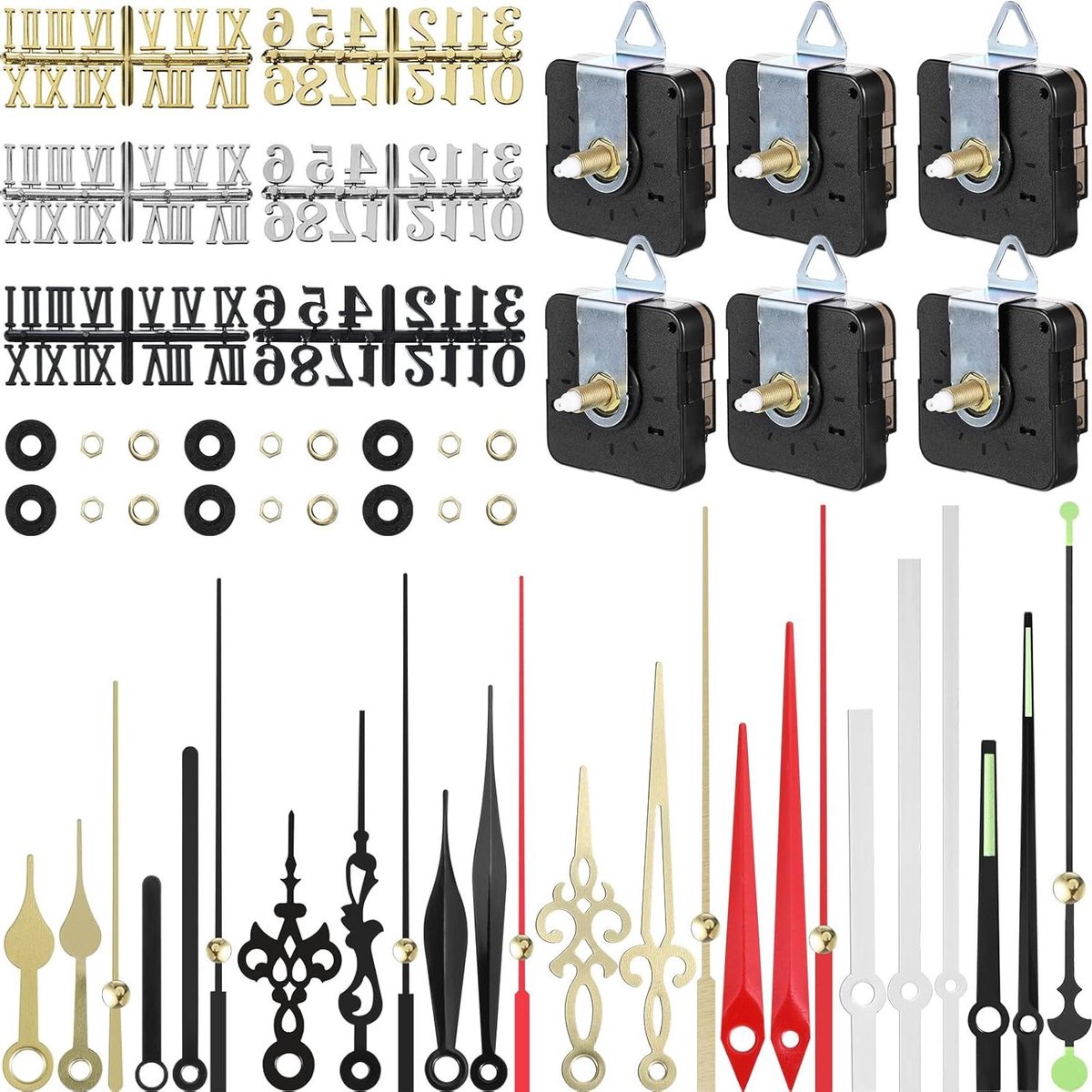 Klok Cijfers Kit - Klokonderdelen Wandklok - Klok Reparatie - Stil Quartz Mechanisme - 16 mm Schacht - Goud Zilver Zwart