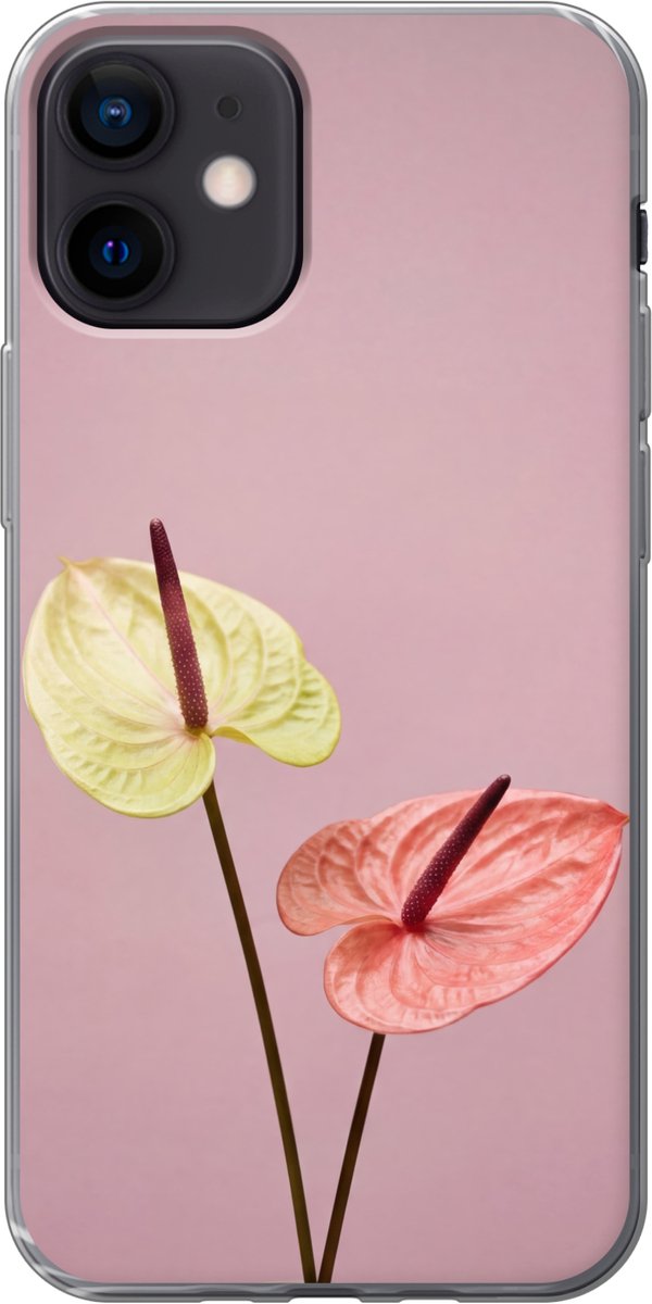 Telefoonhoesje Geschikt voor iPhone 12 Pro hoesje - Bloemen - Anthuriums - Geel - Roze - Siliconen Telefoonhoesje Telefoonhoesje