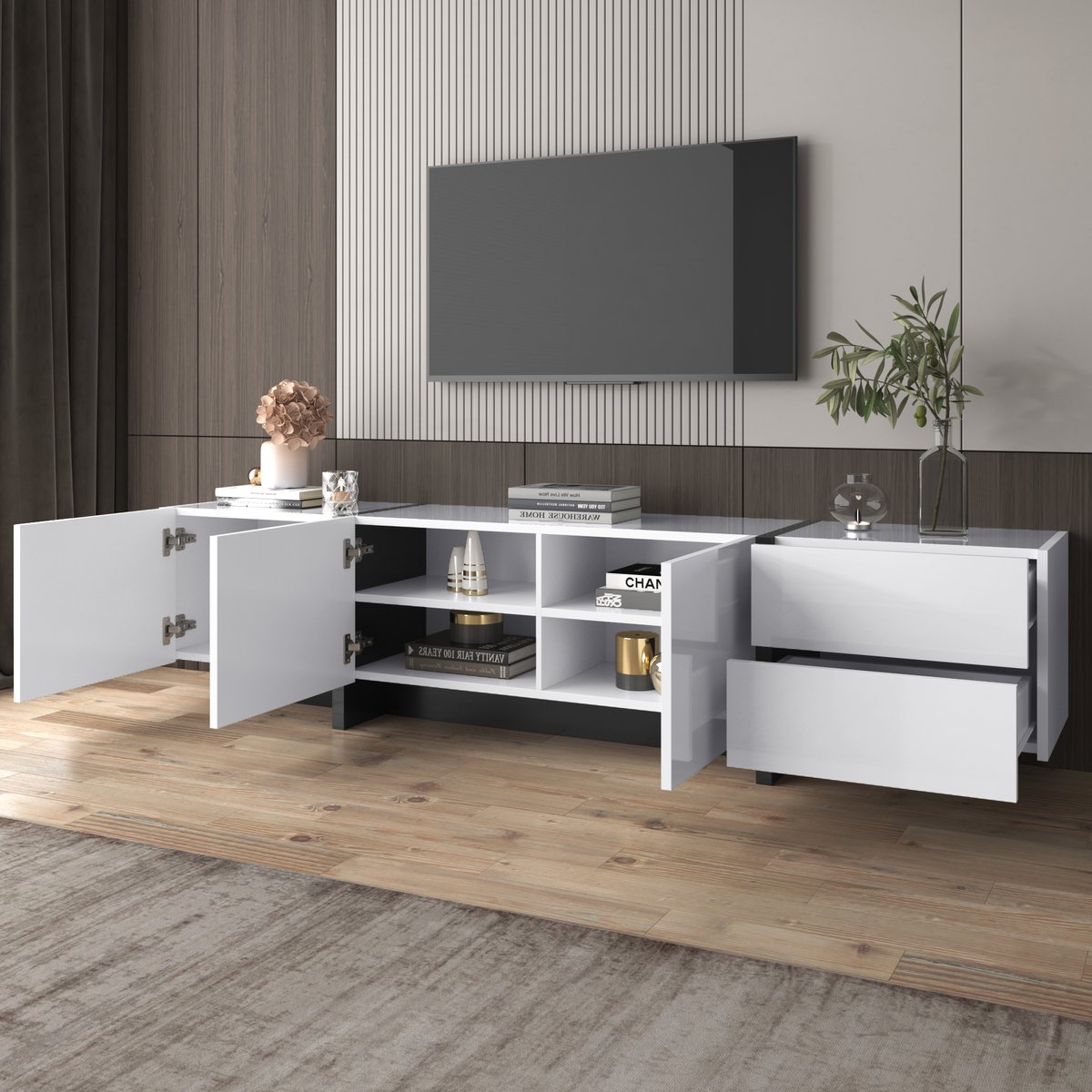 MIVRAY TV Meubel - Hoogglans Kast Met 3 Deuren En 2 Lades - Ruime Opbergruimte Voor Woonkamer - Spaanplaat Wit Zwart - 190x45x35 Cm