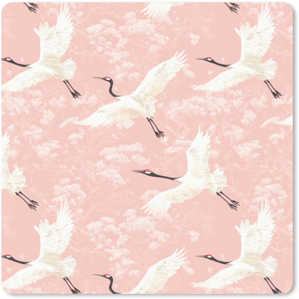 Muismat 20x20 cm - Mousepad Kraanvogels - Bloesem - Roze - Muismatten