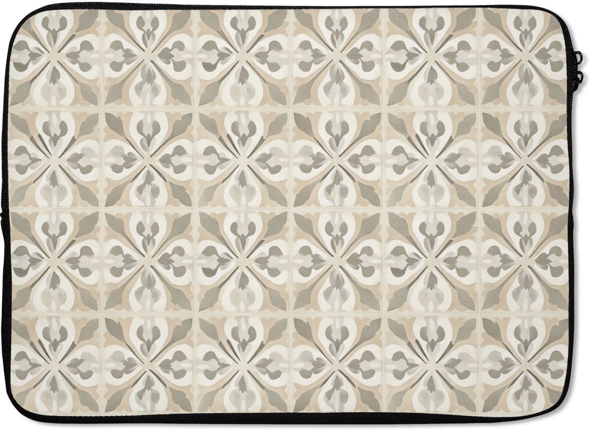 Laptophoes 14 inch - Tegel - Motief - Beige - Laptop sleeve - Binnenmaat 33x23 cm - Zwarte achterkant