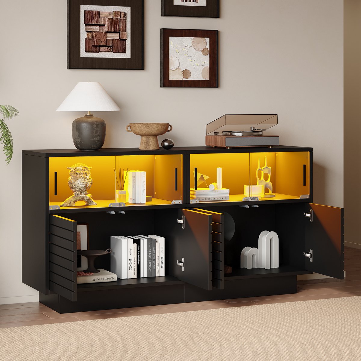 MIVRAY Dressoir - Met Ledverlichting En Glazen Schuifdeuren - Voor Woonkamer En Presentatie - Zwart Spaanplaat - 130x35x68 Cm