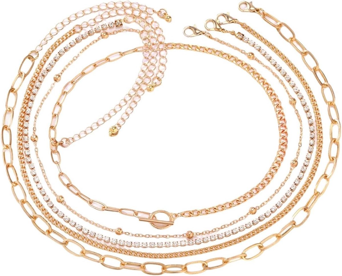 Set van 5 Verstelbare Multi-Layer Halskettingen, Mode Metalen Kettingen, Creatieve Stapelbare Accessoires voor Dames, Perfect voor Elke Gelegenheid