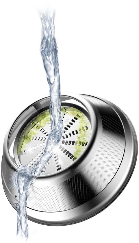 Sapcentrifugezeef met water dat erdoorheen stroomt, in een metalen frame.