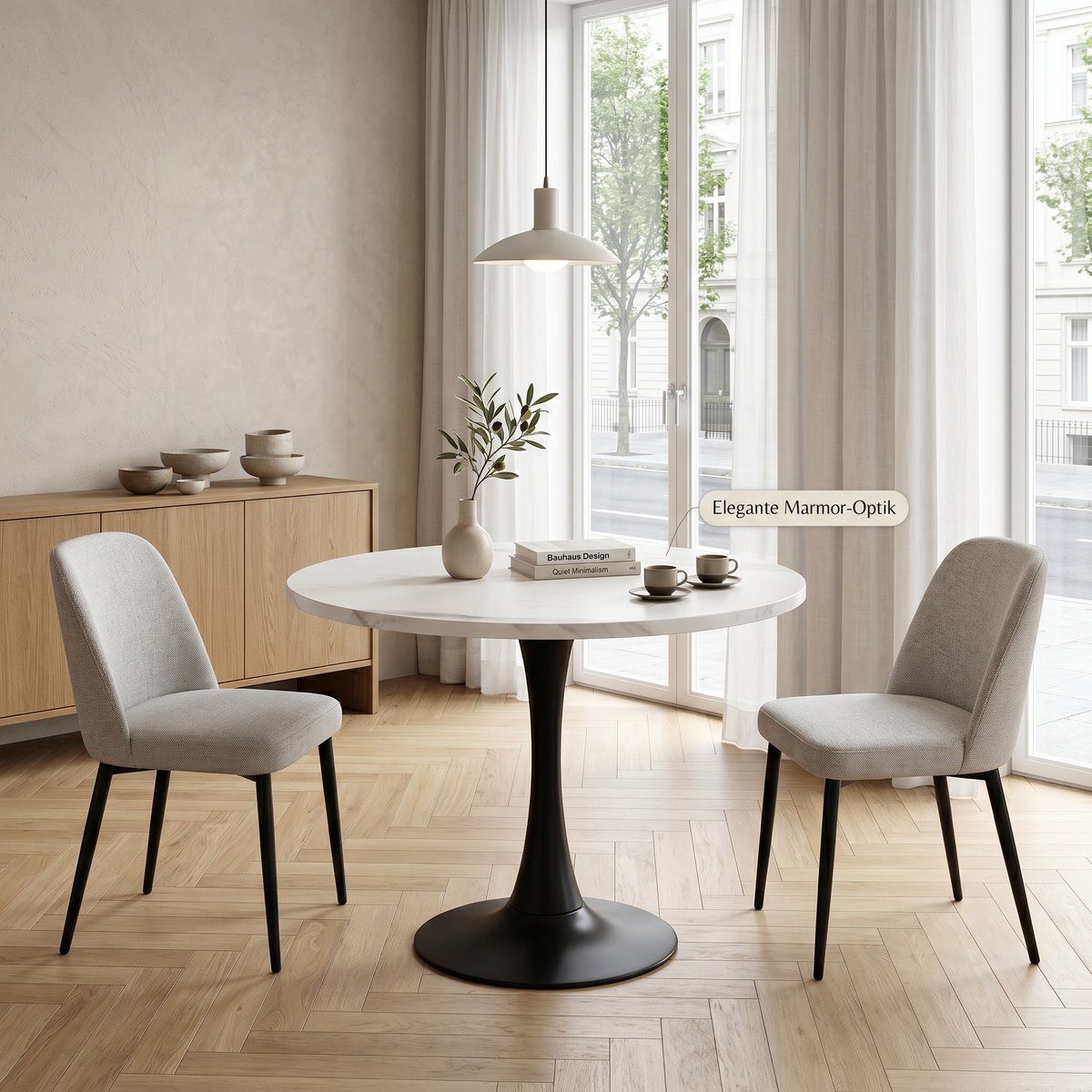 Clruro Ronde Eettafel - 80 cm - Ronde Eettafel Marmer Look met Metalen Poot voor 2-4 Personen - MDF en Metaal - Wit Marmer Look Zwart