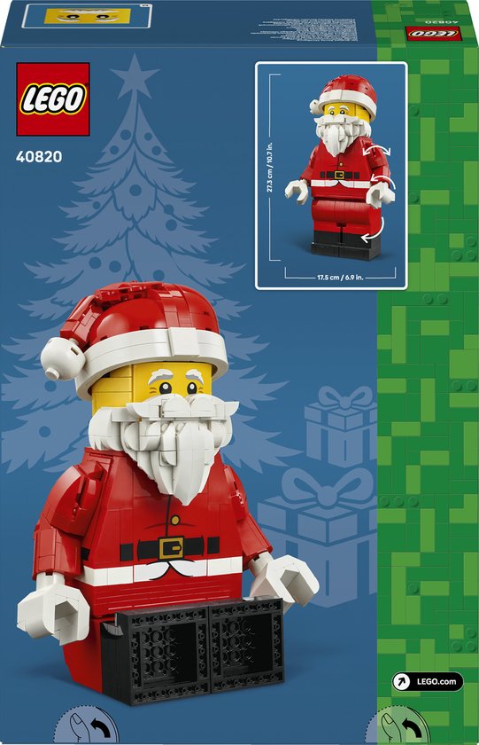 Doos met LEGO opgeschaalde Kerstman minifiguur in rood pak en kerstmuts.