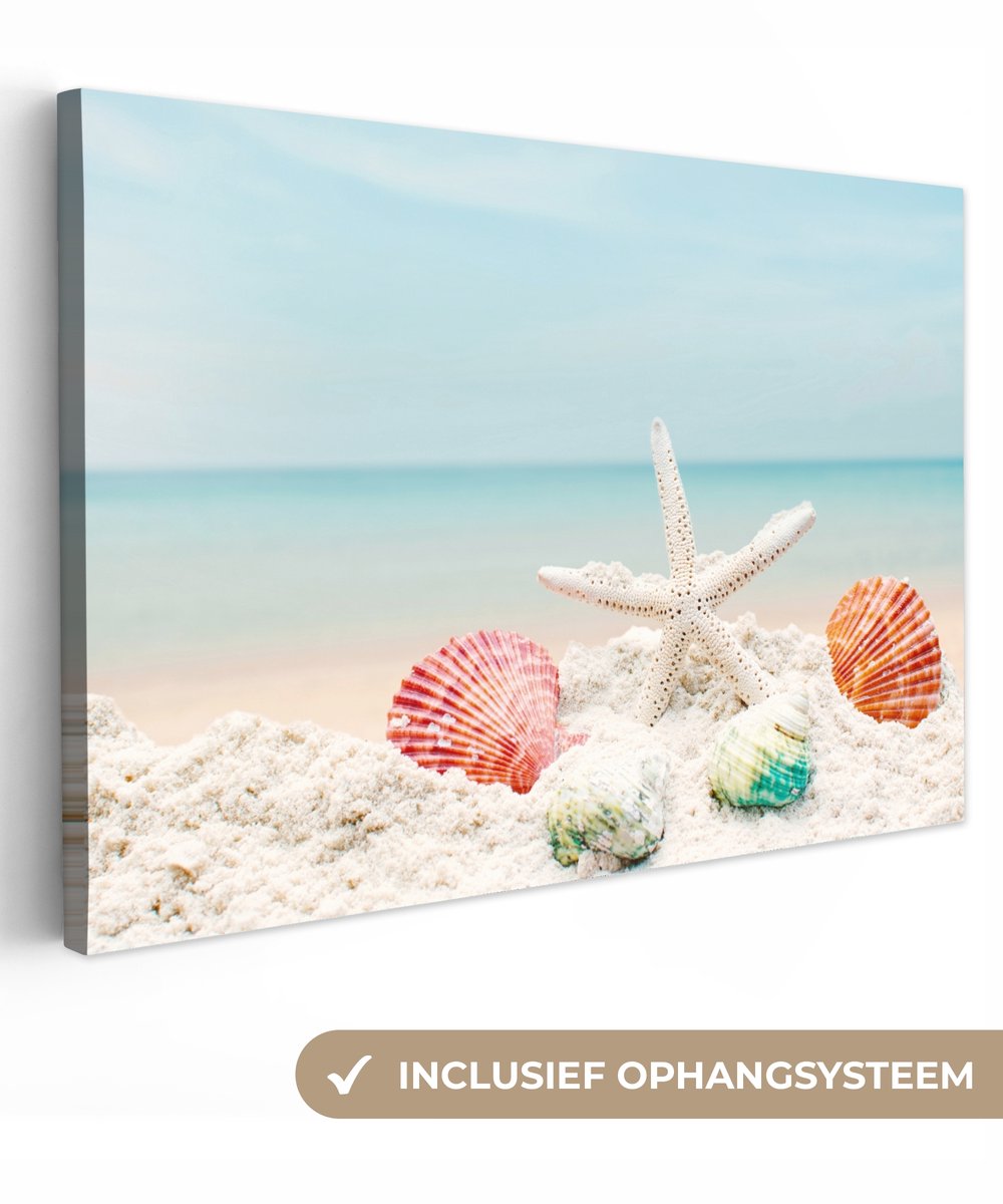 Canvas schilderij 30x20 cm - Wanddecoratie badkamer Strand - Zeester - Schelpen - Zee - Mu