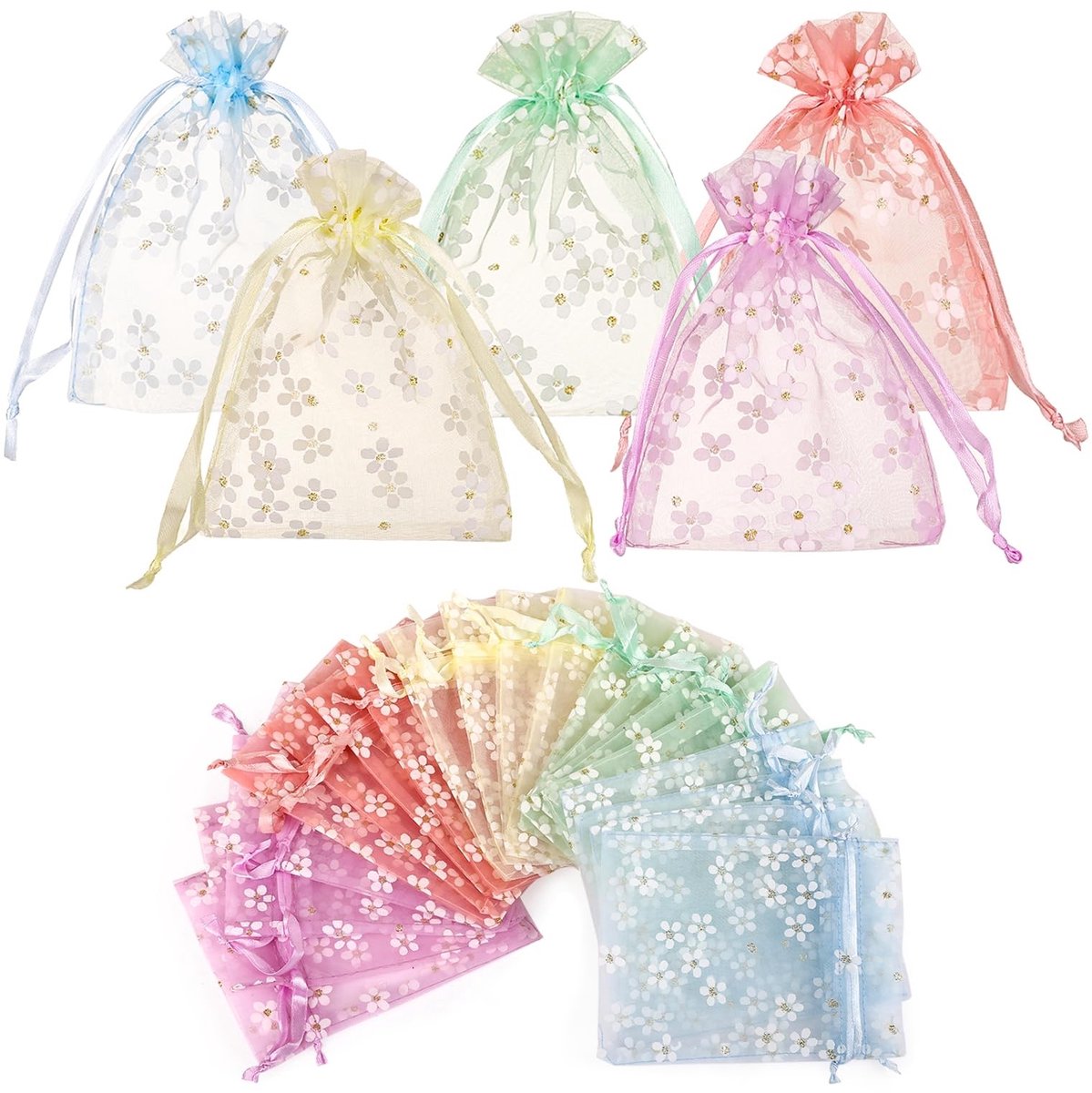 Dailygoods - Cosensi - Dailygoods - Cosensi - Dailygoody - Organza Tassen - Cadeautassen - Delicate bloemenmotief - 10 x 14 cm - Meerkleurig - Perfect voor verjaardagen - Gift Bags