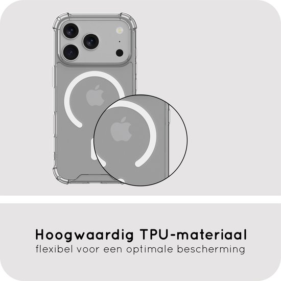 Transparante hoes met cirkelvormige MagSafe-aanduiding, gemaakt van hoogwaardig flexibel TPU-materiaal voor optimale bescherming.