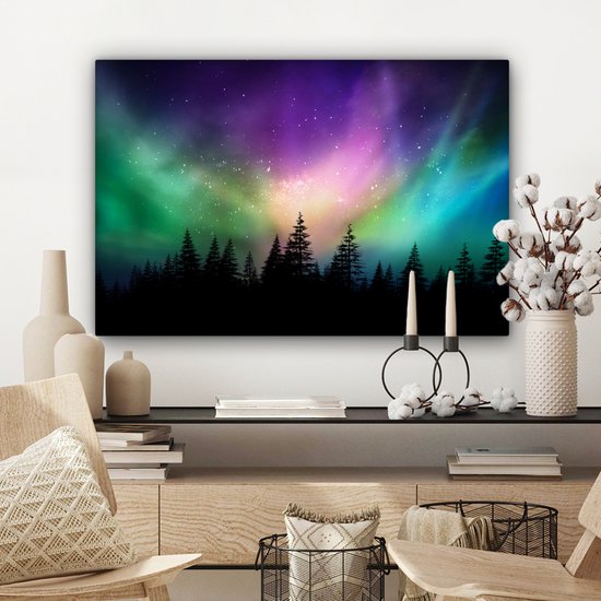 Canvas schilderij 60x40 cm - Wanddecoratie Noorderlicht - Sterrenhemel - Bos - Canada - Muurdecoratie woonkamer - Slaapkamer decoratie - Kamer accessoires - Schilderijen op canvas