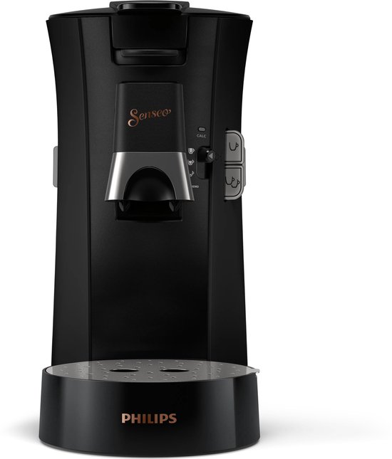 Zwarte Philips Senseo koffiezetapparaat met koperkleurige details.