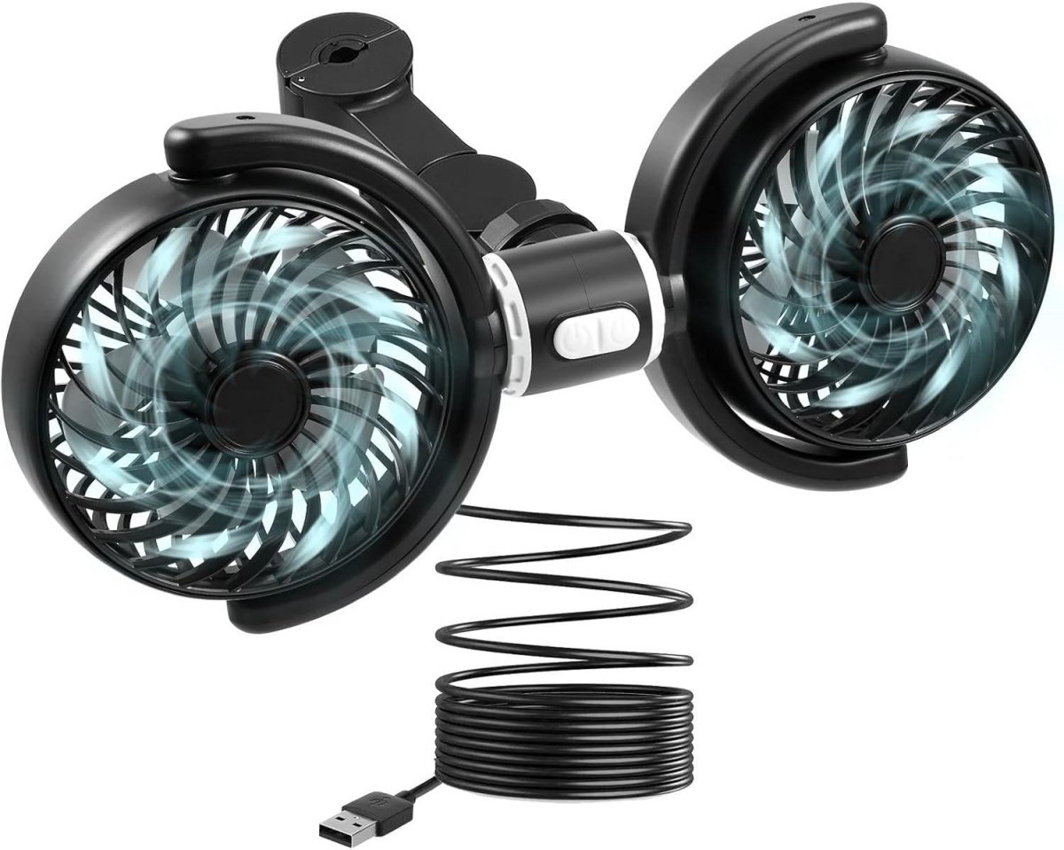 longziming -Auto Achterbank Ventilator - Draagbare Hoofdsteun Koeler - Dubbele Kop USB Fan - 360° Rotatie - Cyclonische Luchtstroom - Duurzaam Kunststof - Universeel Voor Alle Auto's - 1 Stuk