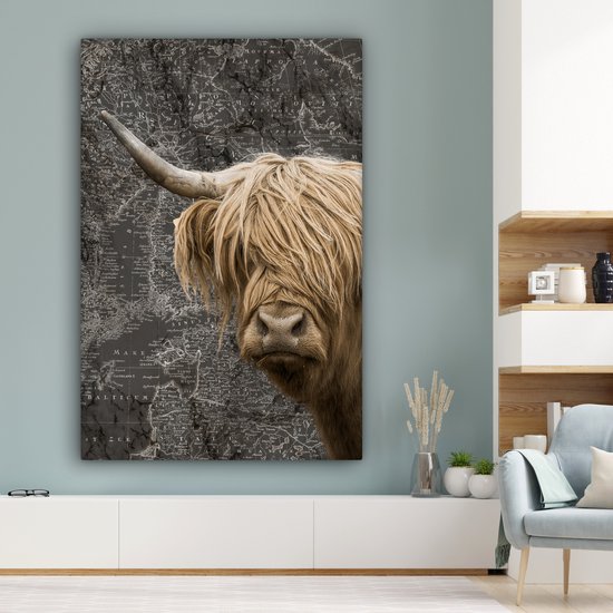 Décoration murale - Highlander écossais - Vaches - Carte du Wereldkaart - Peinture sur toile - 120x180 cm