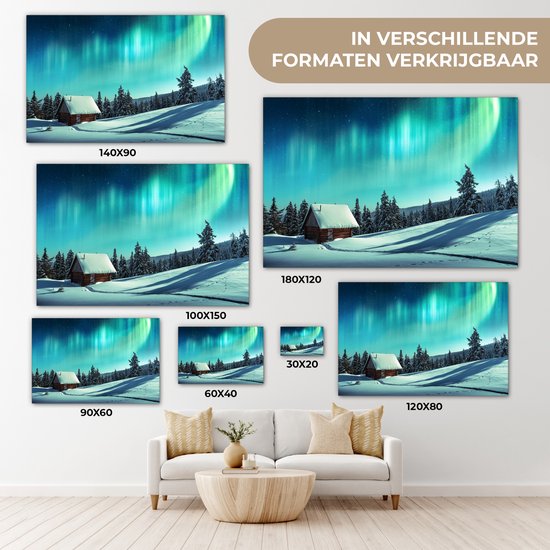 Tableau sur toile Aurores boréales - Neige - Maison - Hiver - 120x80 cm - Décoration murale