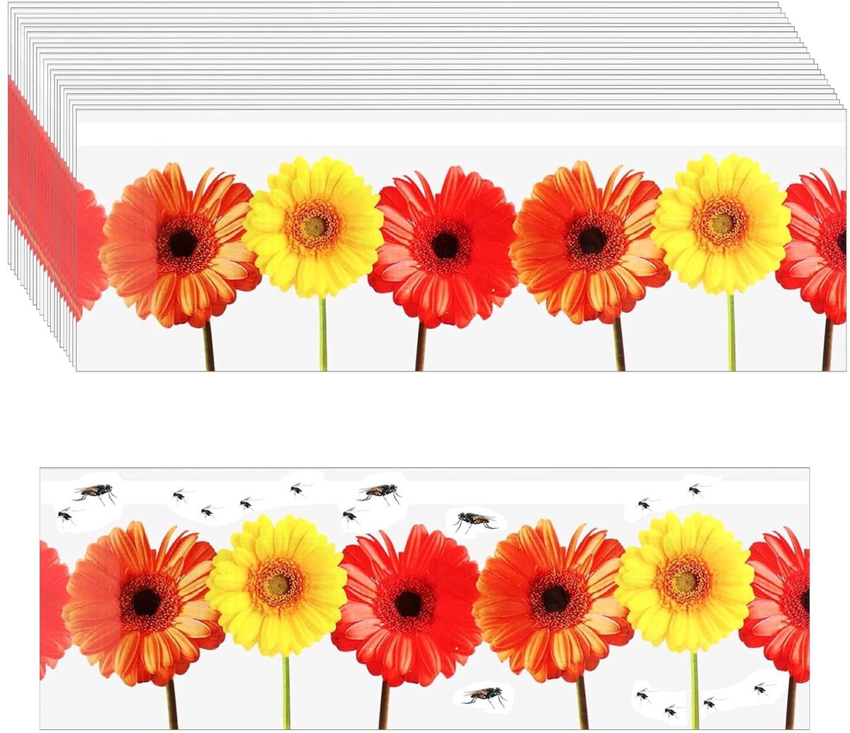 Dailygoods - Cosensi - Dailygoody - Vliegenpapier - Vliegenvangen - Bloemen Design - Zwart - Plakstrips - 30 Pack - Geschikt voor Ramen - 30 Stuks