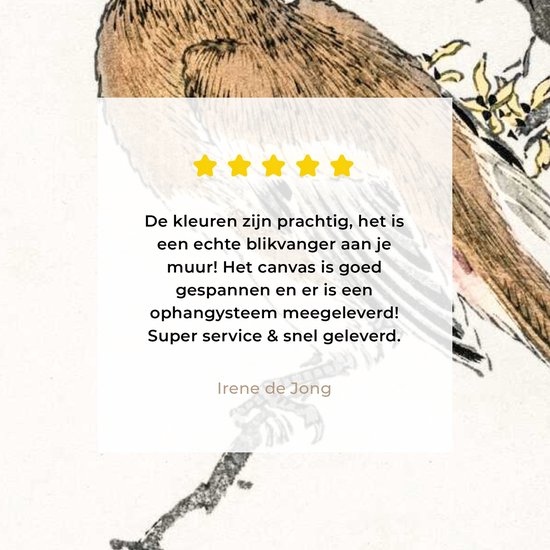 Gros plan d'une estampe japonaise d'un oiseau sur une branche, avec un avis dans un encadré blanc et des étoiles jaunes.