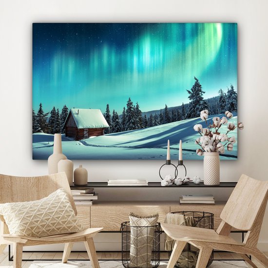 Tableau sur toile Aurores boréales - Neige - Maison - Hiver - 120x80 cm - Décoration murale