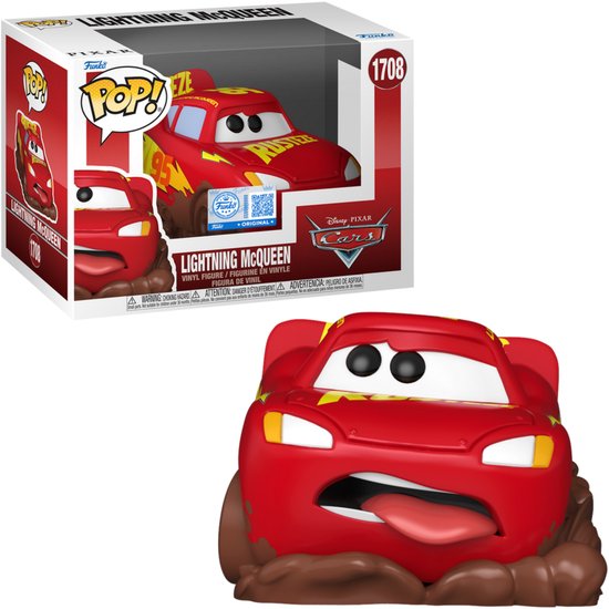 Funko Pop! Rouge Lightning McQueen sur base boueuse, langue tirée, dans sa boîte avec image et logo Pop !.