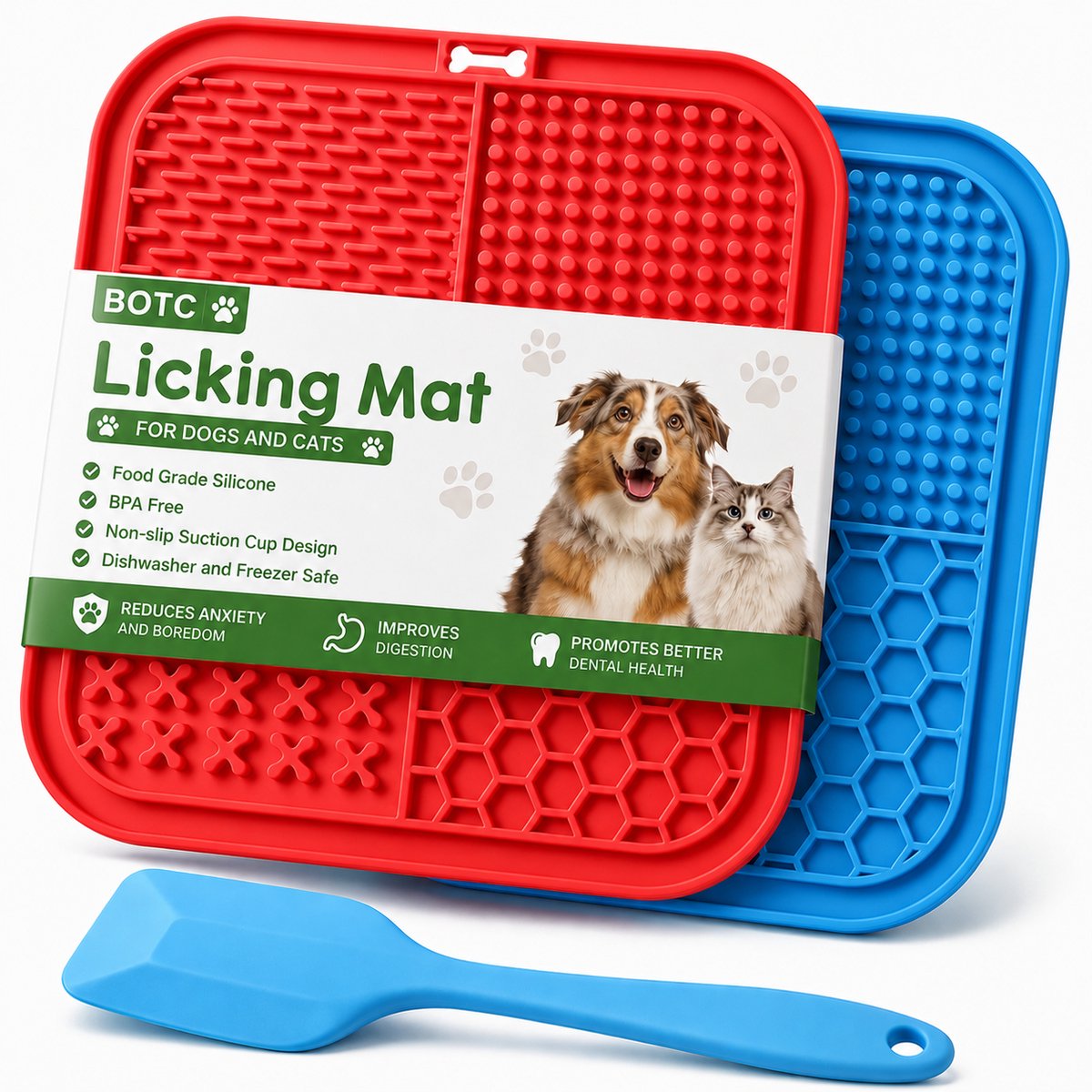 Bol.com BOTC Likmat Hond met Silicone spatulas - 2 stuks Likmat Voermat Hond - voermat - Slowfeeder Hond - Blauw /Rood aanbieding