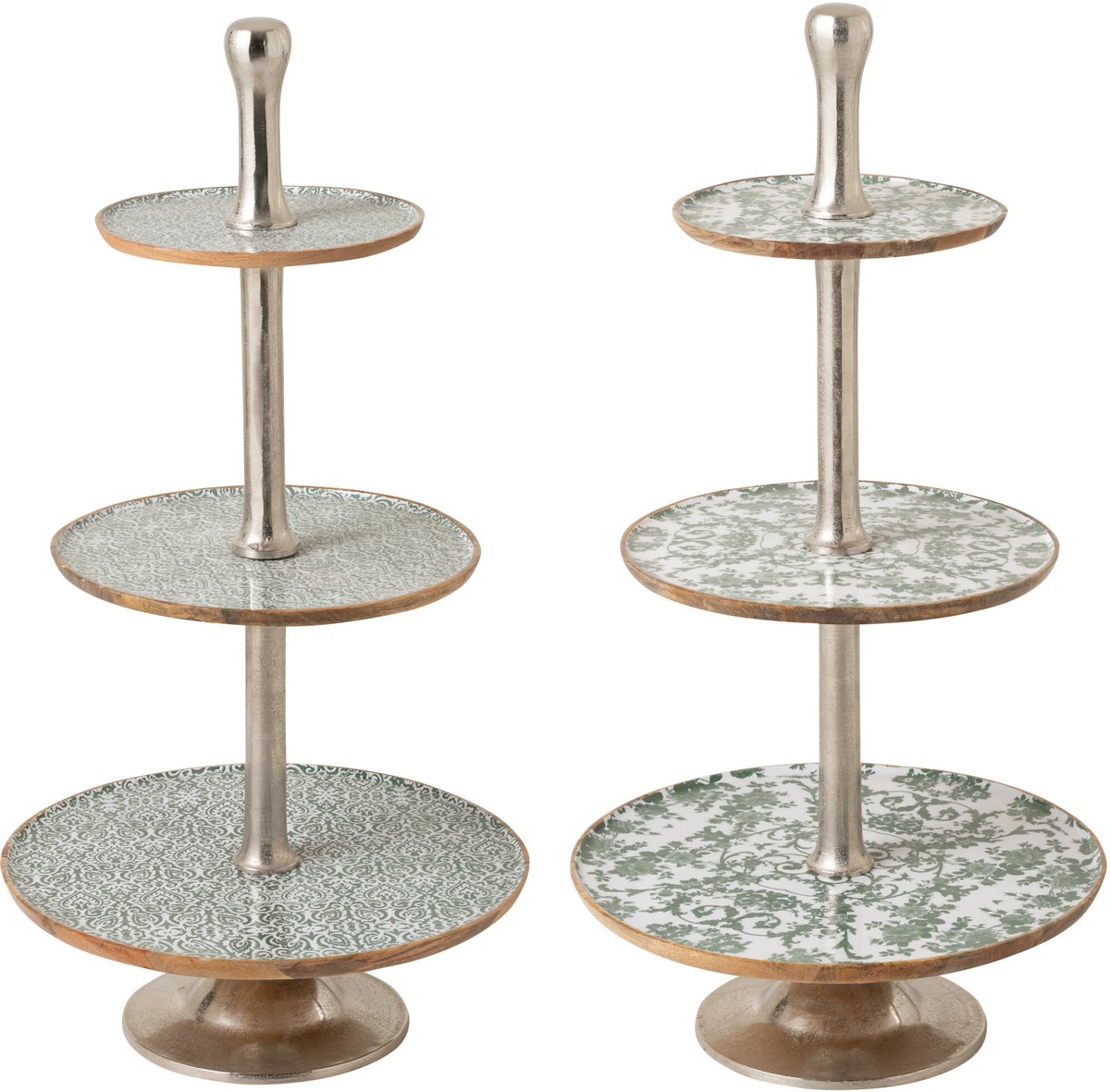J-Line plateau 3 Niveaus - hout - groen/wit - set van 2