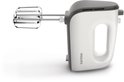 Een witte en grijze handmixer van Philips met een metalen garde.