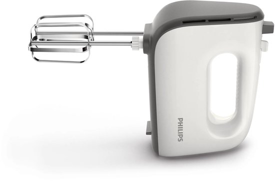 Een witte en grijze handmixer van Philips met een metalen garde.