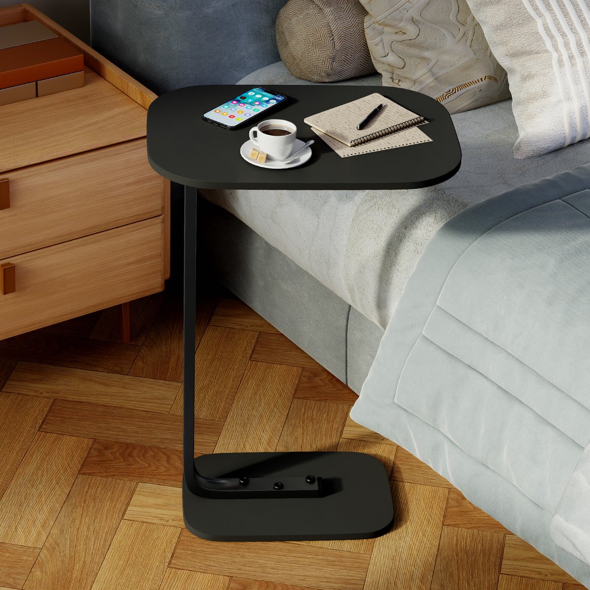 OKWISH Bijzettafels – Moderne Bijzettafel Met Stevig Metaalframe, Sidetable Voor Woonkamer En Slaapkamer, Hout + Metaal – Zwart (Ovaal)
