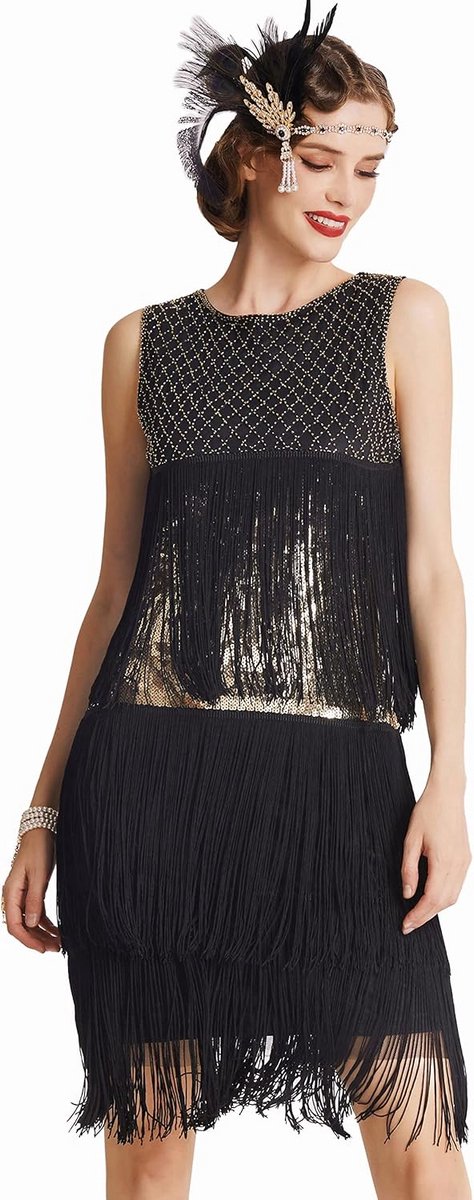 Vintage Charlestonjurk voor Dames - Knielange Flapperjurk met Kraaldecoratie - Comfortabele 20s Avond- en Cocktailjurk in Goud