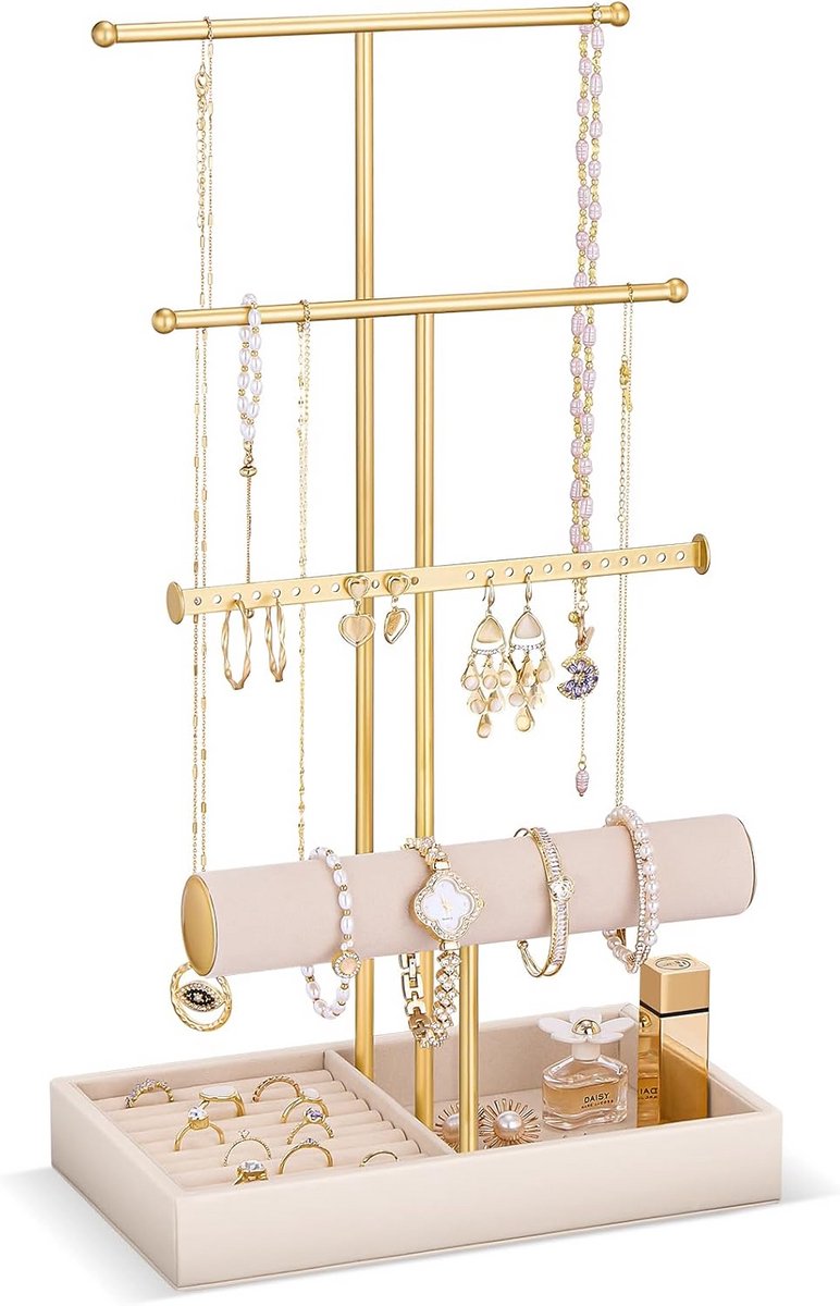 Sieradenstandaard met 4 dieren, fluwelen dienblad, ringgleuf voor halskettingen, oorbellen, armbanden en ringen - Beige