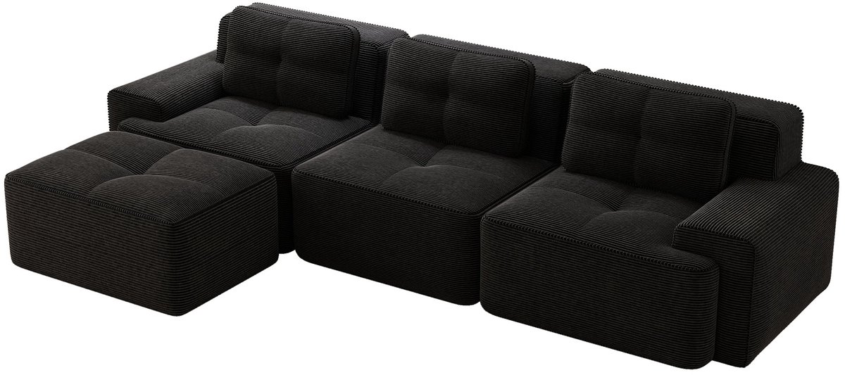 Merax L-Vormige Cloudbank 3-Zits - Zwarte Ribstof Bank 293 cm - Modulaire Loungebank met Hocker - Diepe Zitting - Geen Montage Nodig