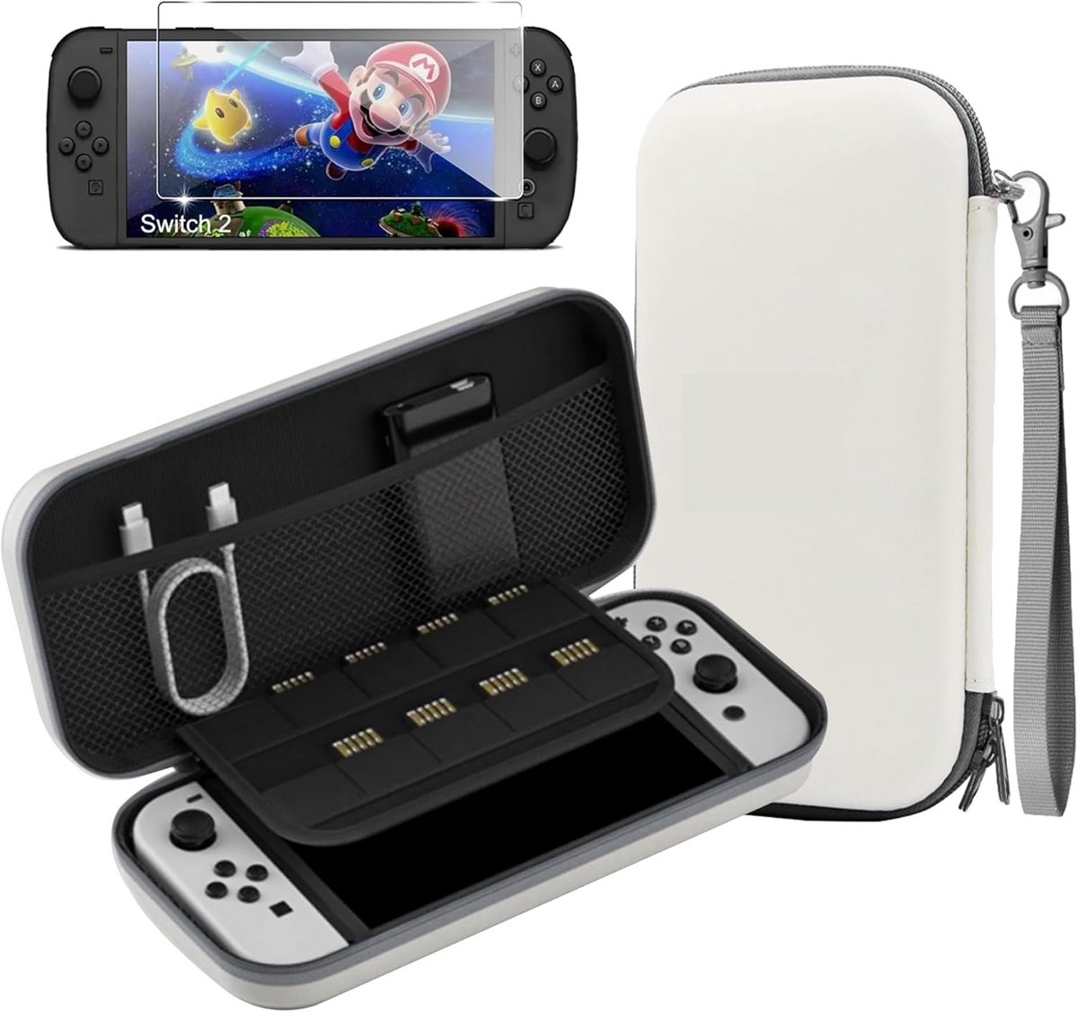 Beschermhoes & 2x Screenprotector Set voor Switch 2 - Wit Matte Cover met Gehard Glas