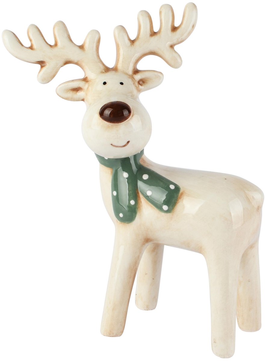 Dekoratief | Deco rendier staand m/sjaaltje, beige/groen, dolomiet, 14x7x17cm | A265959