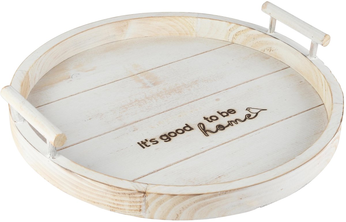 dekoratief Dienblad rond 'Good To Be Home', wit, hout, 35x35x7cm | A265804
