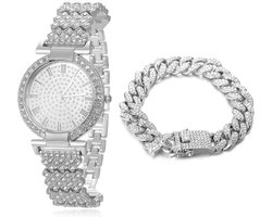 HALUKAKAH Gouden horloge met diamanten, voor dames, 18 karaat verguld, roségoud, witgoud, platina-coating, 33 mm, ronde wijzerplaat, kwarts, 19 cm, met Cubaanse ketting, halsketting en armband