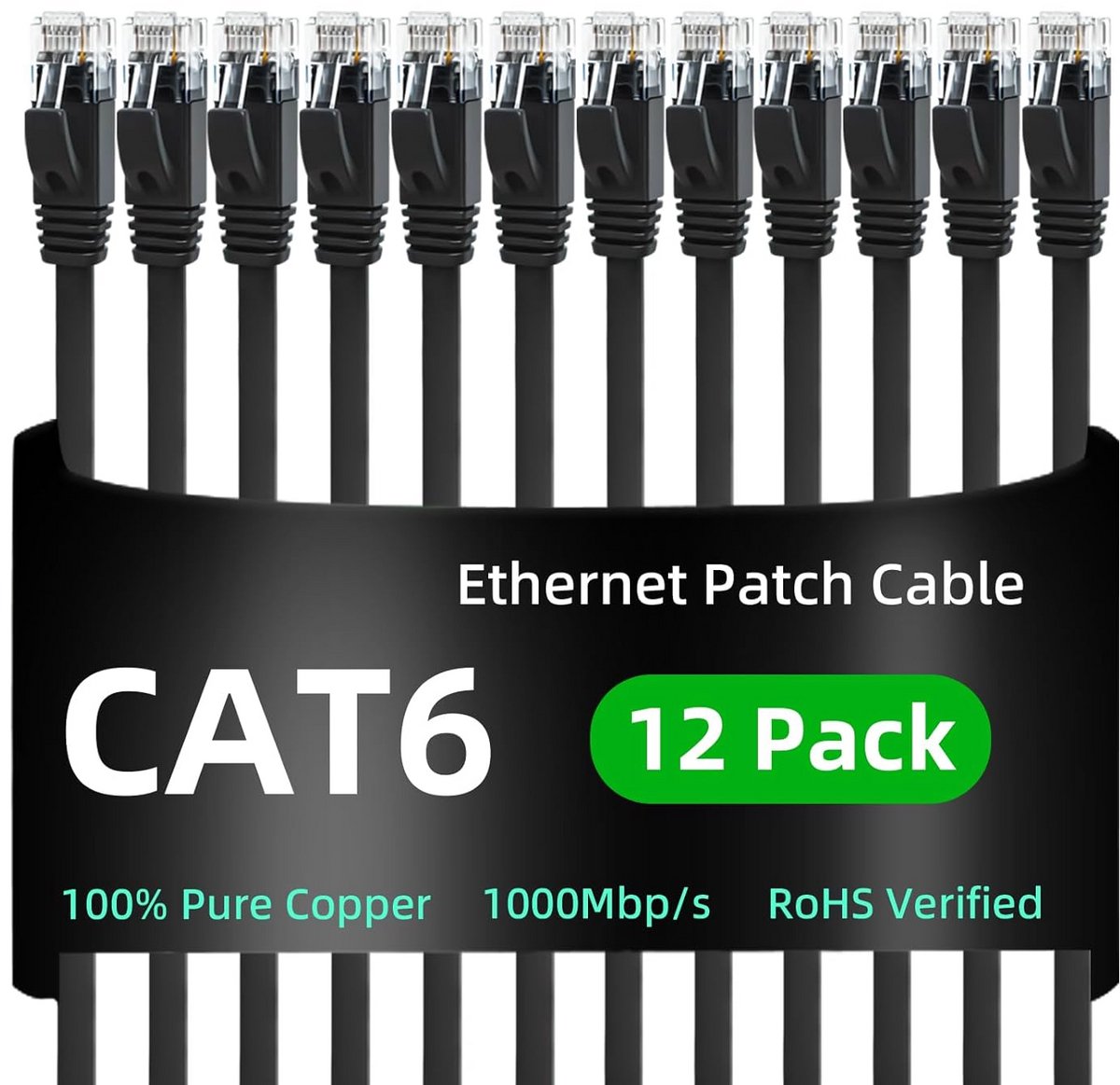 Yauhody Cat 6 Ethernet Cable 2m 12pcs, Network Cable Flat High Speed RJ45 Patch Cable LAN Gigabit Cat6 Internet Cable for Gaming, Router, Modem, PC, TV, Switch (Black)