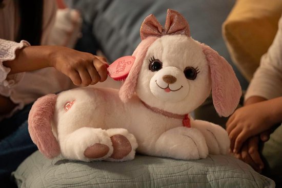 Interactieve knuffelhond Bella - 30 cm - roze/wit - met licht en muziek - inclusief borstel in cadeaudoos — afbeelding 4