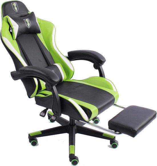 Gamingstoel met voetensteun en steunkussen in zwart met groen en wit — afbeelding 4