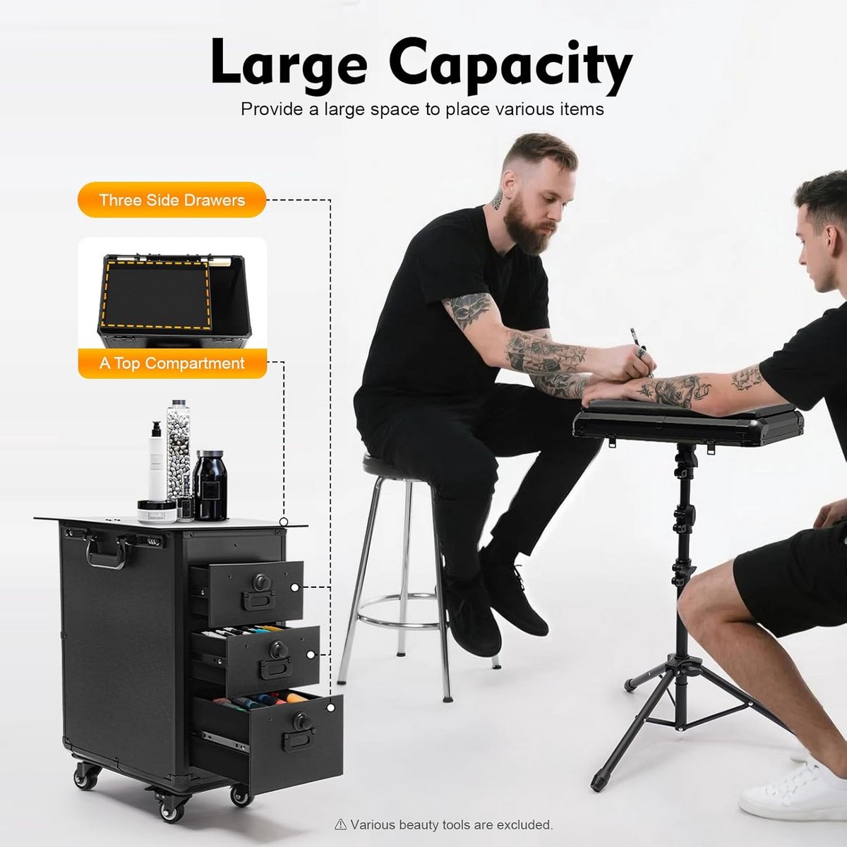 Mobiele Tattoo & Make-up Trolley met Armleuning: Verrijdbare Koffer met 3 Laden
