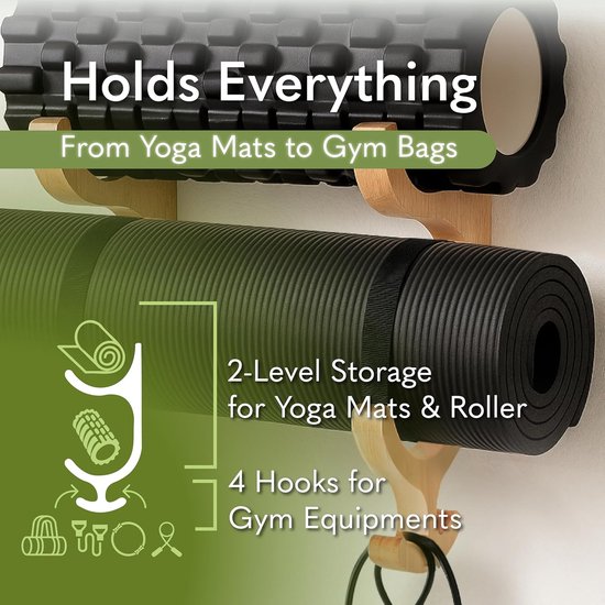 Yogamat Houder - Opbergrek Fitness - Sportspullen Organiseren - Twee Opbergplanken - 41 cm Hoog - Houtkleur van Yogamat — afbeelding 5