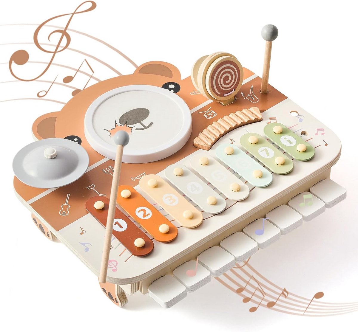 Houten muziektrommel 6-in-1 xylofoon en piano vanaf 1 jaar met 30 liedjesboekjes