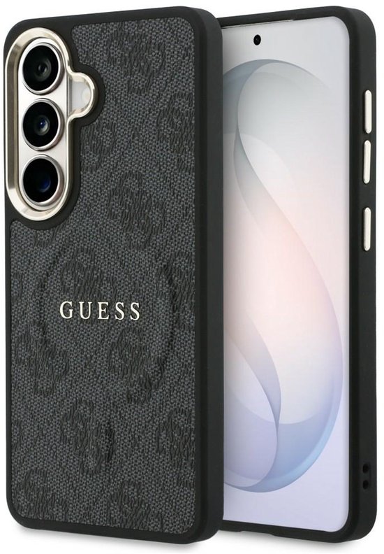 Zwart Guess hoesje met reliëf, MagSafe en camera-uitsparing voor Samsung S26 Plus.