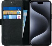 Rosso Deluxe Echt Leer Book Case Hoesje Geschikt voor Apple iPhone 15 Pro | Ruimte voor drie pasjes | Portemonnee Book Case | Met Pasjeshouder | Zwart